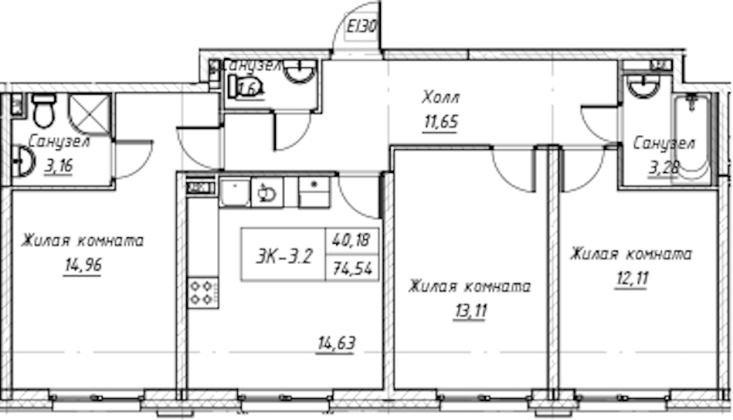 3-комнатная квартира 74.54 м², 2/14 эт., Комплекс апартаментов «Zoom на Неве»